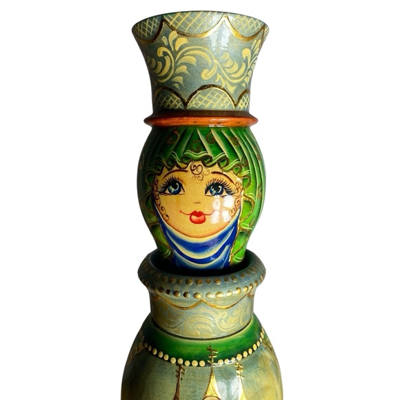Wooden Vintage art gift box matryoshka bottle holder Russian doll hand painted - Picture 7 of 13